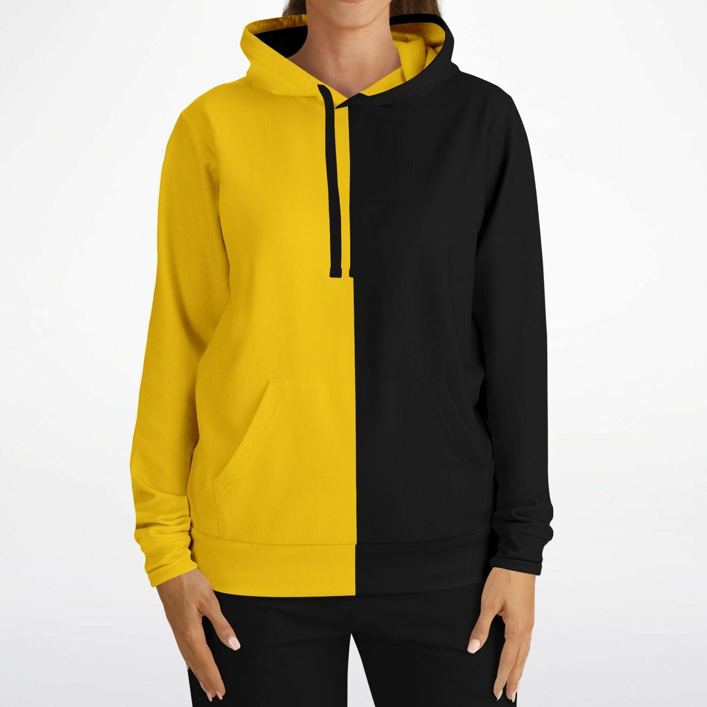 Half Black Half Yellow Hoodie, Two Tone Color Split Pullover Men Women Adult Cotton Hooded Sweatshirt with Pockets Designer Plus Size