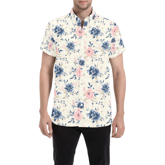 Pink Blue Floral Short Sleeve Men Button Down Shirt, White Flowers Print Casual Buttoned Summer Dress Collared Male Guys Plus Size