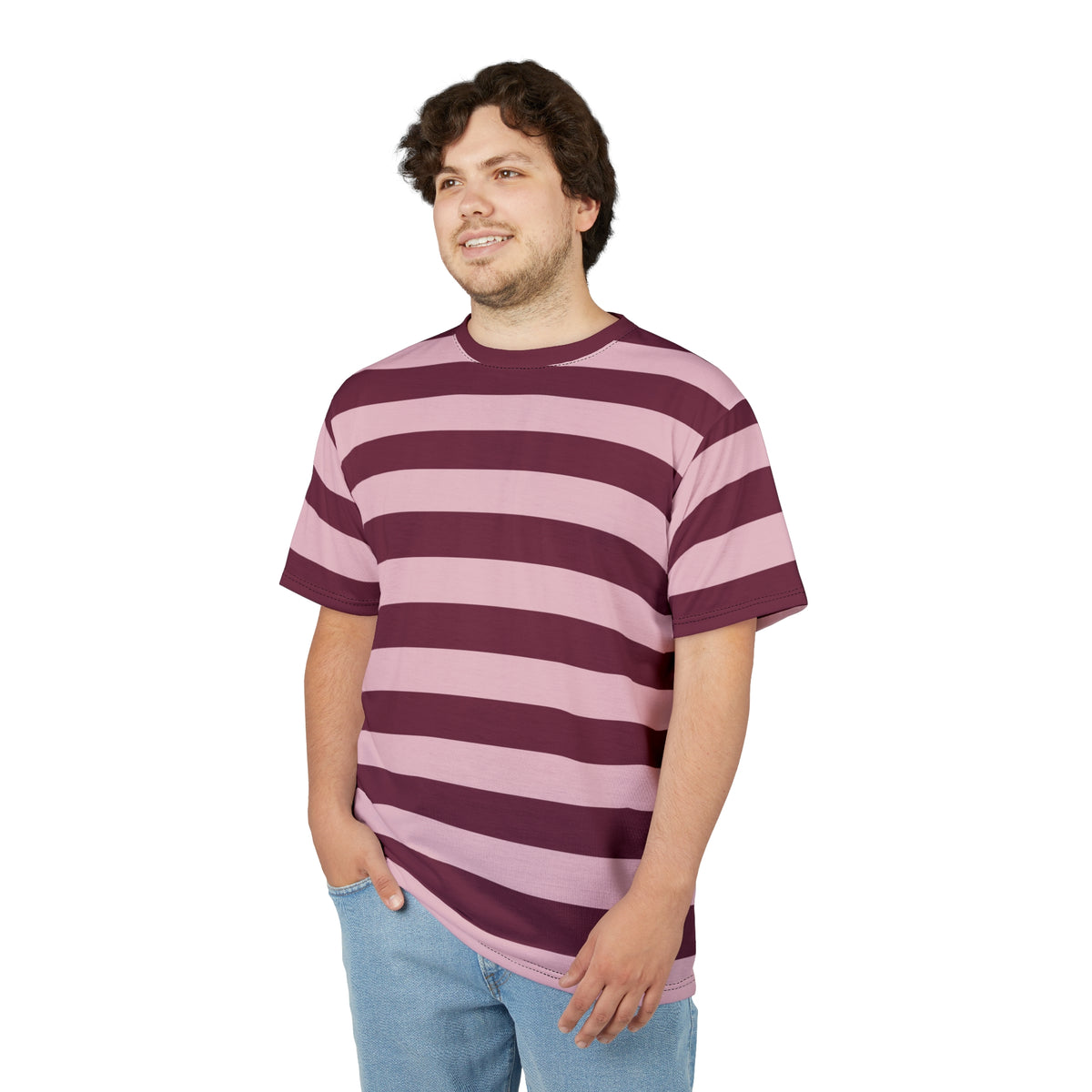 Burgundy Pink Striped Tshirt, Maroon Blush Horizontal Retro Designer Lightweight Heavyweight Crewneck Men Women Tee Top Short Sleeve Shirt