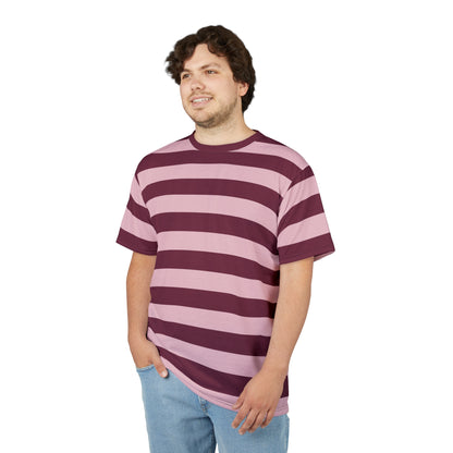 Burgundy Pink Striped Tshirt, Maroon Blush Horizontal Retro Designer Lightweight Heavyweight Crewneck Men Women Tee Top Short Sleeve Shirt