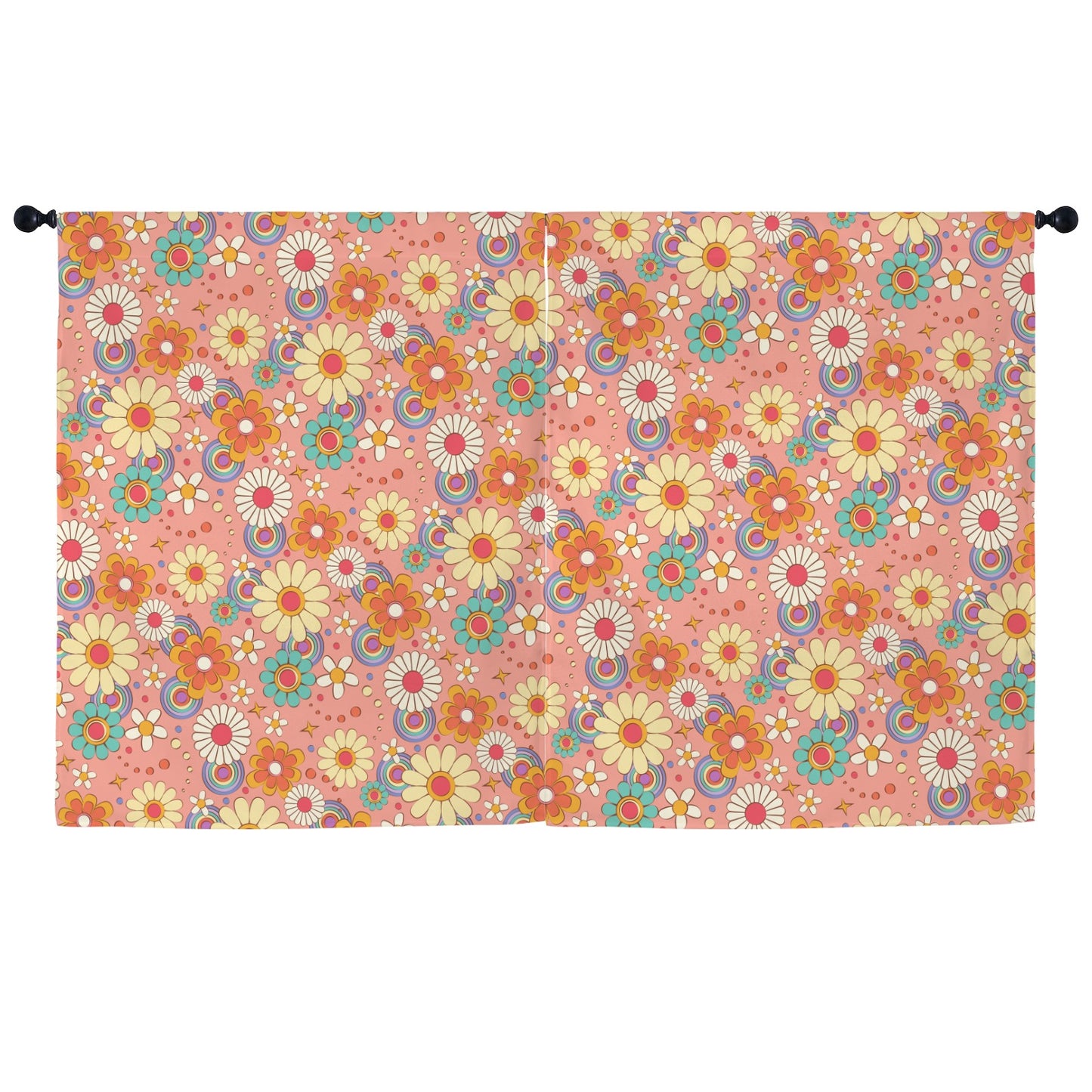 Pink Floral Window Curtain, Groovy Flowers Retro Kitchen Living Room Bedroom Bathroom Fabric Rod Pocket Decor Housewarming Home 63 Inch