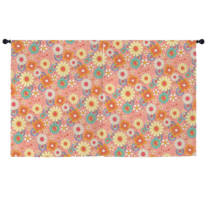 Pink Floral Window Curtain, Groovy Flowers Retro Kitchen Living Room Bedroom Bathroom Fabric Rod Pocket Decor Housewarming Home 63 Inch