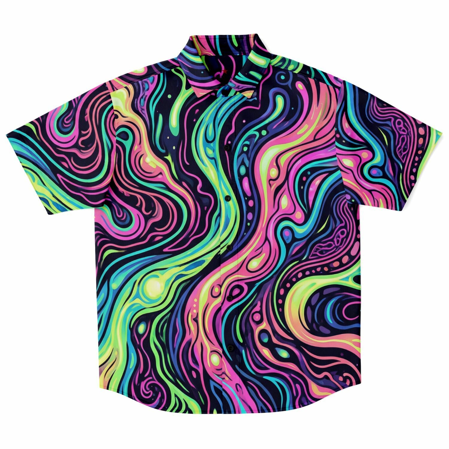 Psychedelic Men Button Up Shirt, Vibrant Trippy Funky Festival Short Sleeve Print Casual Buttoned Down Summer Male Guys Collared Designer - Starcove Fashion
