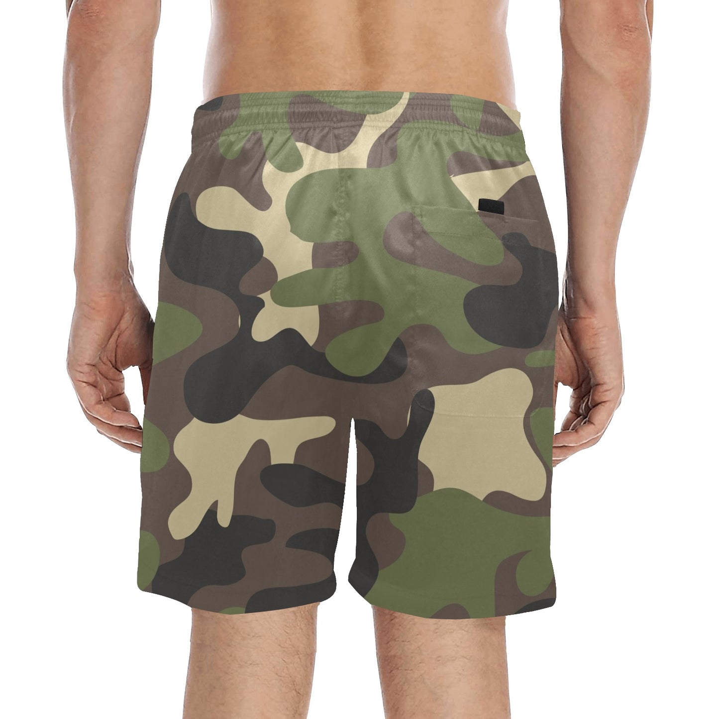 Green Camo Men Swim Trunks, 7" Inseam Shorts Camouflage Beach Pockets Mesh Lining Drawstring Casual Bathing Suit Plus Size Male Swimwear