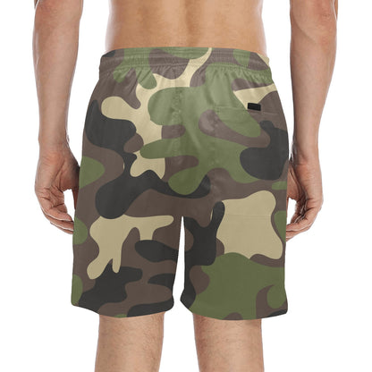 Green Camo Men Swim Trunks, 7" Inseam Shorts Camouflage Beach Pockets Mesh Lining Drawstring Casual Bathing Suit Plus Size Male Swimwear