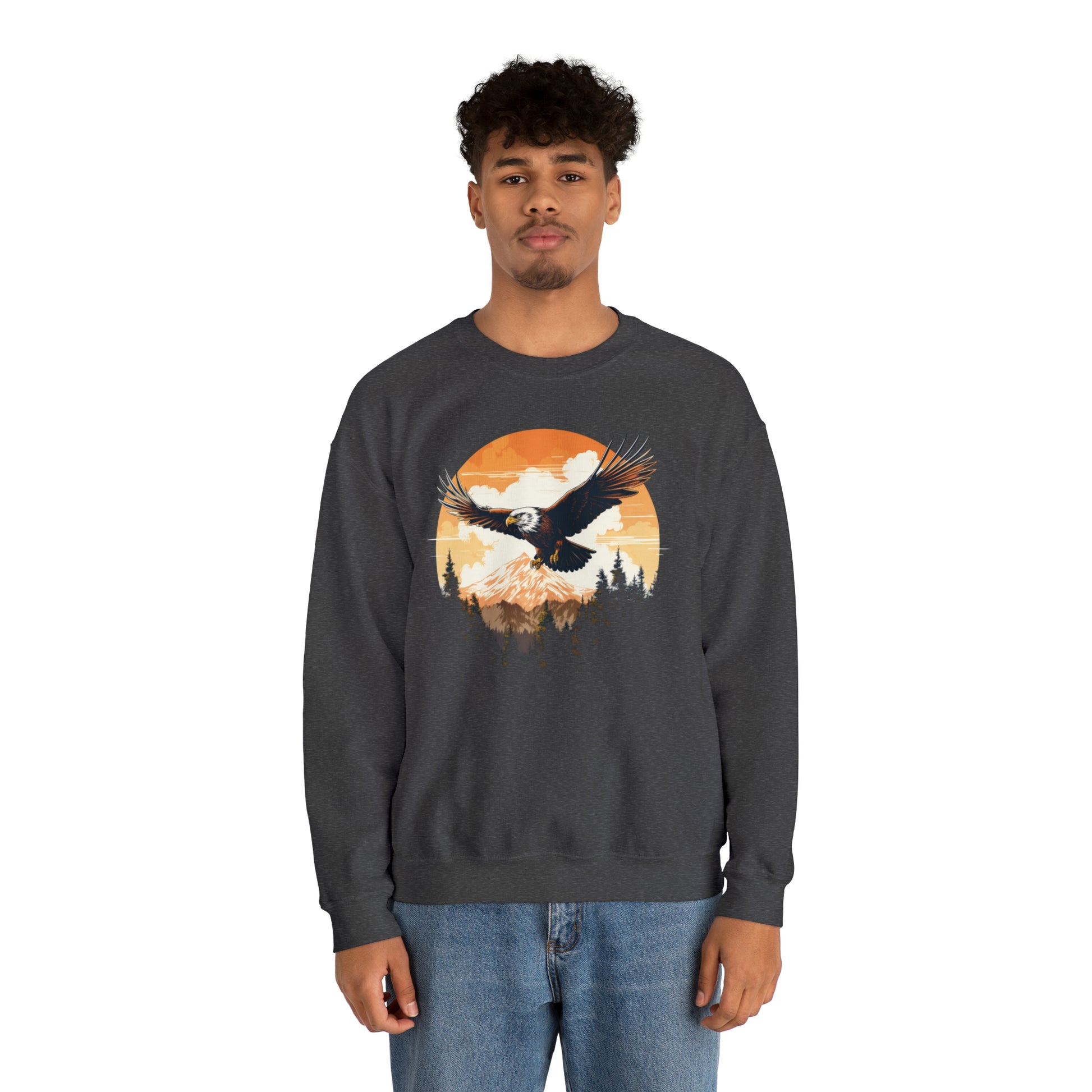 Flying Eagle Sweatshirt, Mountain Bird Trees Graphic Crewneck Fleece Cotton Sweater Jumper Pullover Men Women Adult Aesthetic Designer Top Starcove Fashion