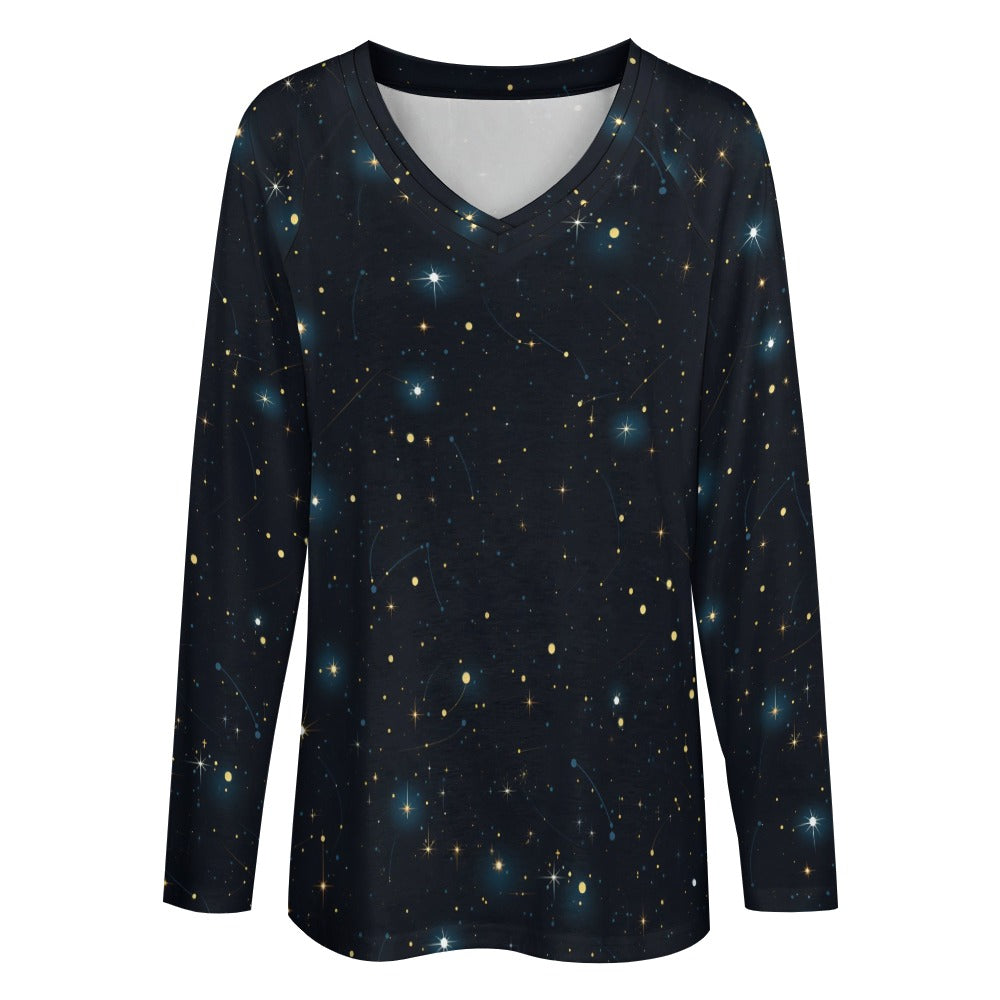 Constellation Women Long Sleeve Tshirt loose fit, Space Stars Galaxy Celestial Relaxed V-neck Designer Graphic Ladies Female Tee Top Shirt - Starcove Fashion