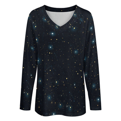 Constellation Women Long Sleeve Tshirt loose fit, Space Stars Galaxy Celestial Relaxed V-neck Designer Graphic Ladies Female Tee Top Shirt - Starcove Fashion
