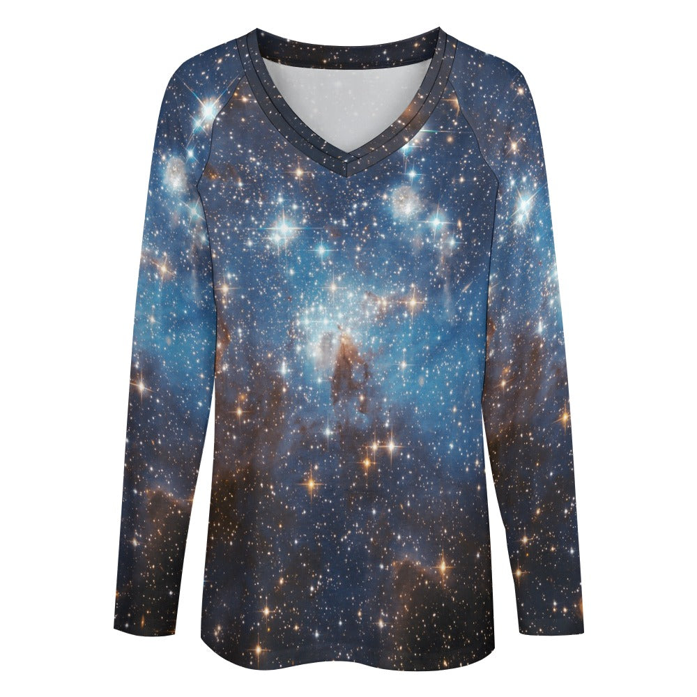 Galaxy Women Long Sleeve Tshirt loose fit, Space Stars Universe Blue Relaxed V-neck Designer Graphic Aesthetic Ladies Female Tee Top Shirt - Starcove Fashion