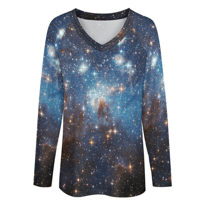 Galaxy Women Long Sleeve Tshirt loose fit, Space Stars Universe Blue Relaxed V-neck Designer Graphic Aesthetic Ladies Female Tee Top Shirt - Starcove Fashion
