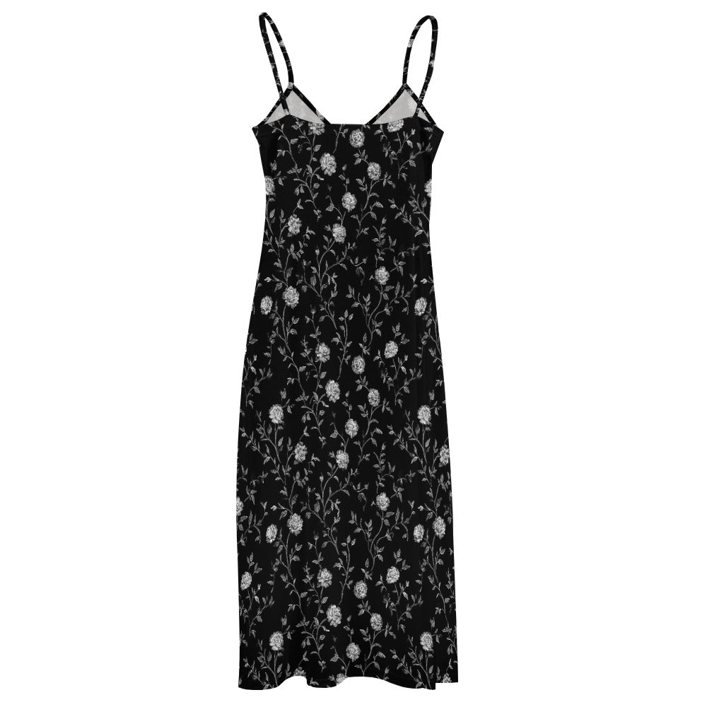 Black Floral Maxi Dress, White Flowers Long Spaghetti Straps Flowy Women Sleeveless Casual Cute Designer Elegant Plus Size Cocktail Party