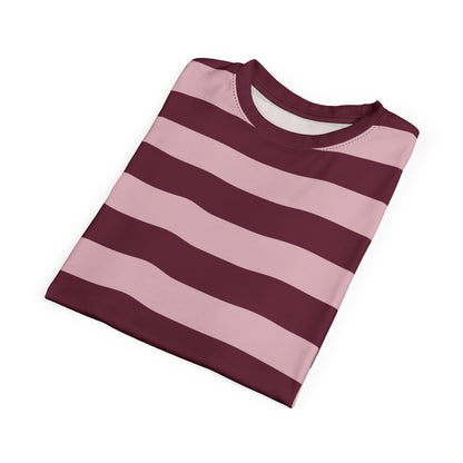 Burgundy Pink Striped Tshirt, Maroon Blush Horizontal Retro Designer Lightweight Heavyweight Crewneck Men Women Tee Top Short Sleeve Shirt