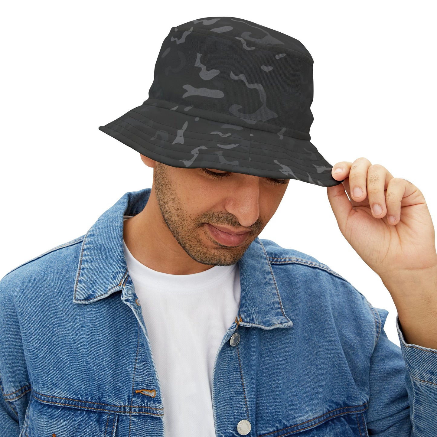 Black Camo Bucket Cap Hat, Grey Camouflage Print Beach Women Men Golf Summer Festival Cute Designer Sun Shade Ladies Small Large Guys