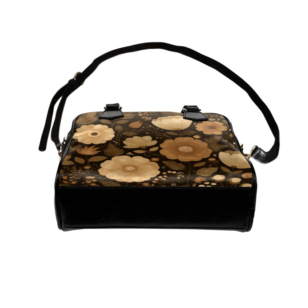 Brown Floral Purse, Flowers Fall Autumn Retro Pattern Cute Small Shoulder Zip Bag Vegan Leather Women Designer Handbag Crossbody Ladies