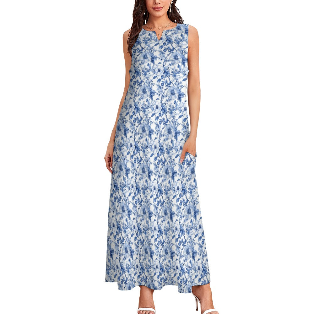 Blue White Floral Maxi Sleeveless Dress, Flowers Party Handmade A Line Women Ladies Cocktail Pockets Long Plus Size - Starcove Fashion