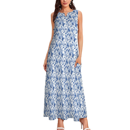 Blue White Floral Maxi Sleeveless Dress, Flowers Party Handmade A Line Women Ladies Cocktail Pockets Long Plus Size - Starcove Fashion