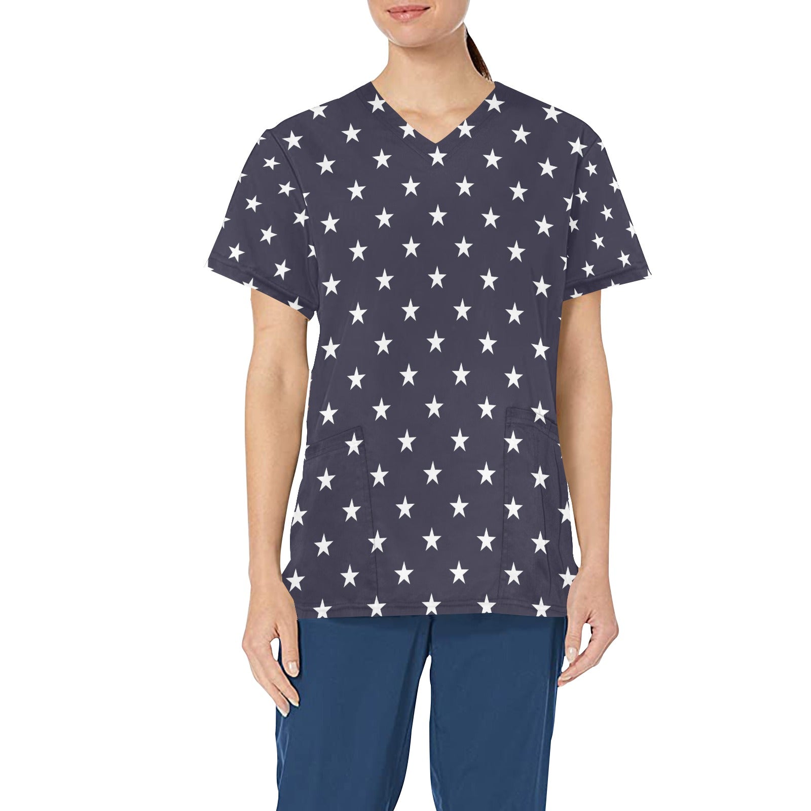 Navy Stars Medical Scrubs Top Women, American Ladies Female Plus Size Nursing Cute Printed Nurse Vet Veterinary Assistant Uniform Pockets - Starcove Fashion