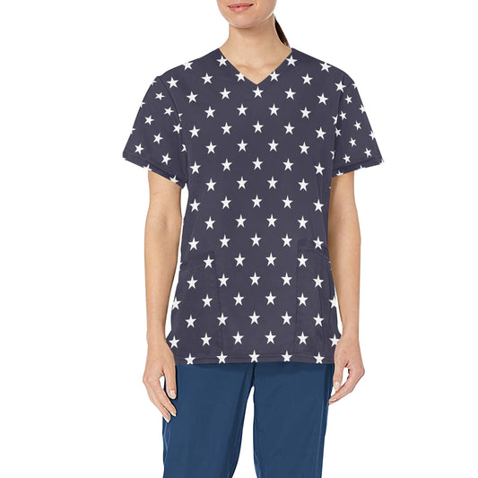 Navy Stars Medical Scrubs Top Women, American Ladies Female Plus Size Nursing Cute Printed Nurse Vet Veterinary Assistant Uniform Pockets