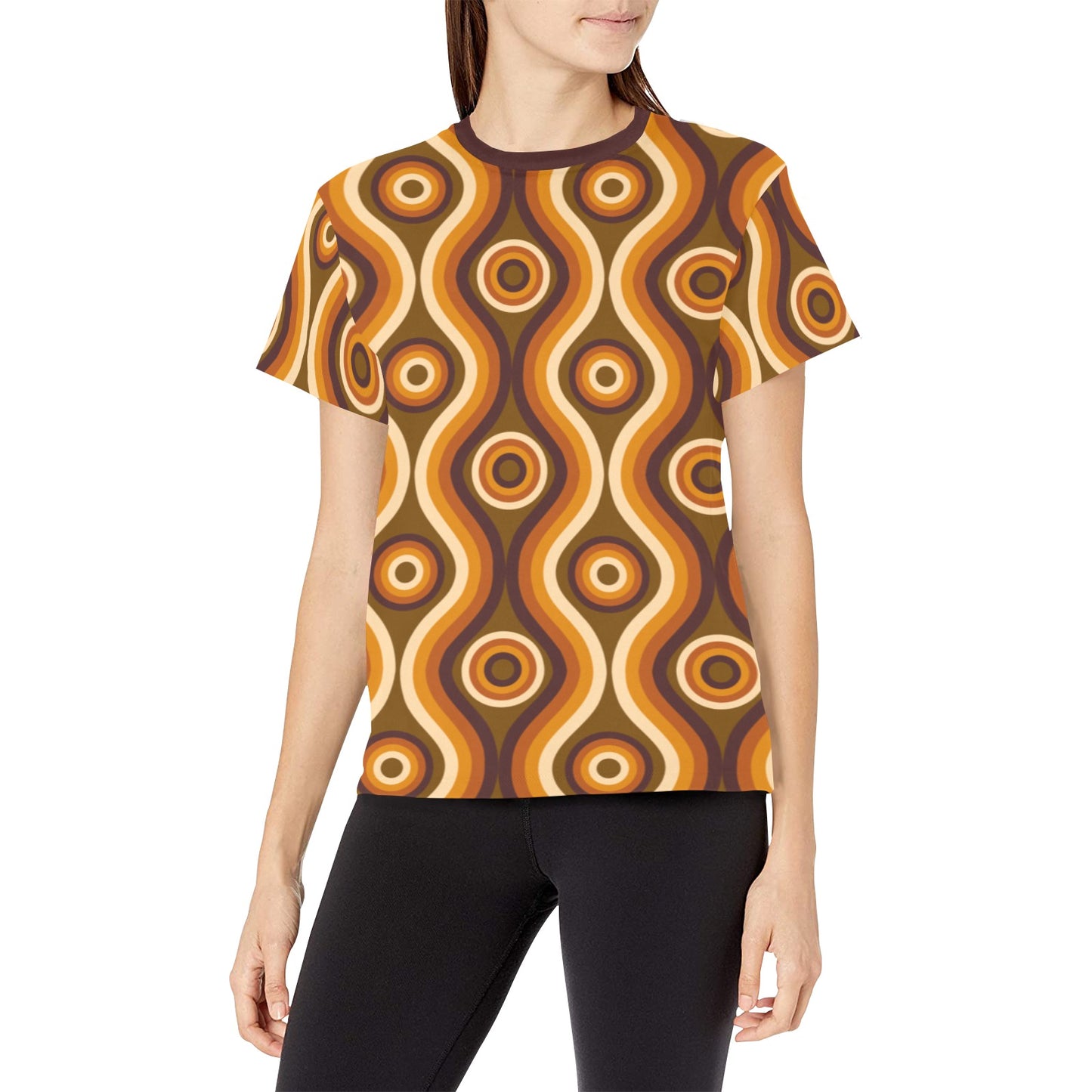 Brown Retro Vintage Women Tshirt, Striped 70s Ladies Female Designer Adult Graphic Aesthetic Fashion Fitted Crewneck Tee Shirt Plus Size Top