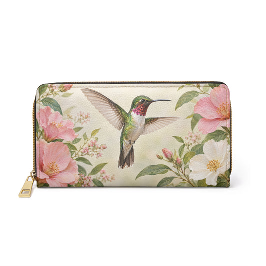 Hummingbird Leather Wallet Women, Floral Flowers Bird Vegan Zipper Zip Around Coins Credit Cards Pocket Cash Ladies Female Pouch Slim Purse