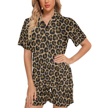 Leopard Pajamas Set, Animal Print Cheetah Lounge Sleepwear Short Sleeve Sleep Shirt Shorts Night Plus Size Summer Designer PJs Button Up - Starcove Fashion