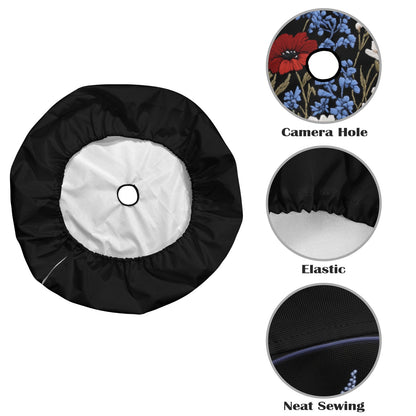 Red White Blue Flowers Spare Tire Cover, Faux Embroidery Botanical Printed Floral Wheel Unique Backup Camera Hole Trailer Back Men Women RV - Starcove Fashion