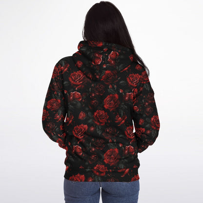 Red Roses Zip Up Fleece Lined Hoodie, Floral Flowers Sherpa Heavyweight Full Zipper Pocket Men Women Unisex Graphic Hooded Sweatshirt Jacket