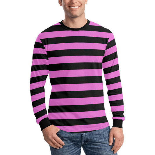 Black and Pink Striped Men Long Sleeve TShirt, Vintage Retro Stripe Costume Stripes Crewneck Male Unisex Women Designer Tee