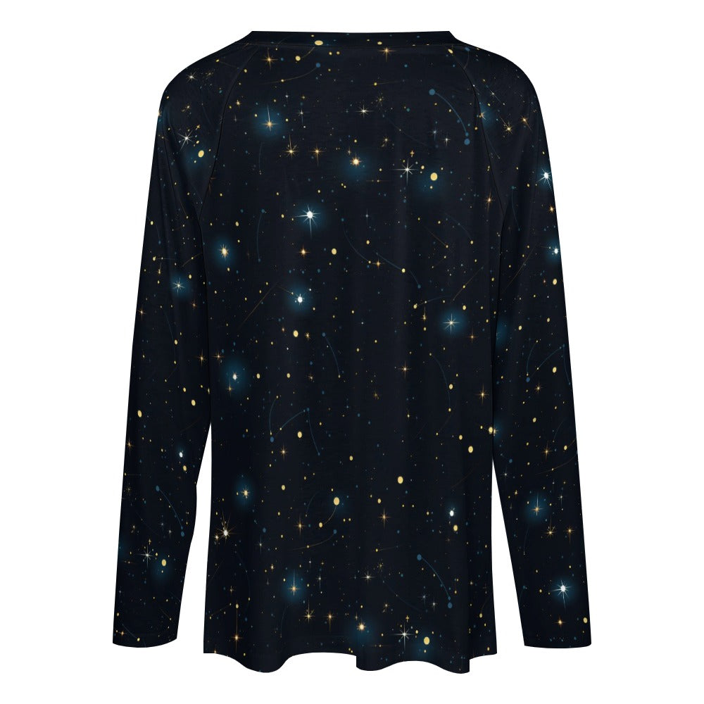 Constellation Women Long Sleeve Tshirt loose fit, Space Stars Galaxy Celestial Relaxed V-neck Designer Graphic Ladies Female Tee Top Shirt - Starcove Fashion