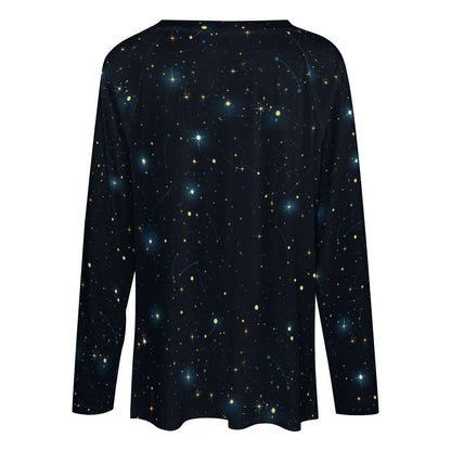 Constellation Women Long Sleeve Tshirt loose fit, Space Stars Galaxy Celestial Relaxed V-neck Designer Graphic Ladies Female Tee Top Shirt - Starcove Fashion