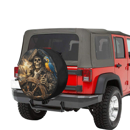 Pirate Skeleton Spare Tire Cover, Skull Parrot Boat Funny Rear Extra Spare Backup Camera Hole Wheel Unique RV Back Cars RV Trailer Campers