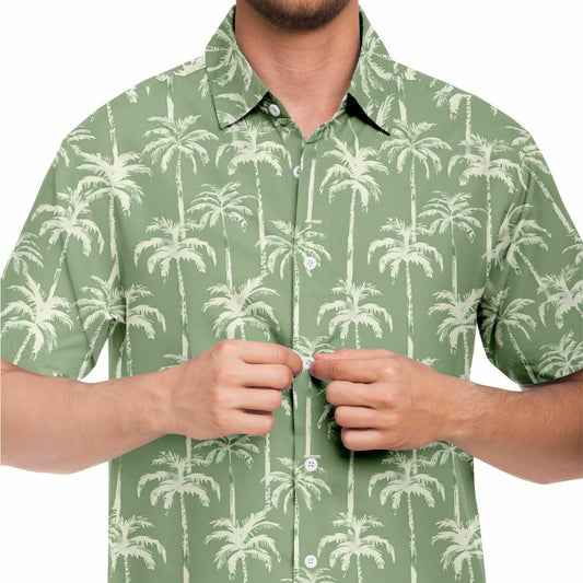Green Palm Trees Men Button Up Shirt, Olive Beach Short Sleeve Print Casual Buttoned Down Summer Male Guys Collared Designer Dress Shirt