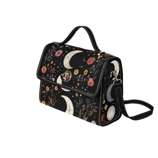 Moon Phases Floral Canvas Satchel Bag, Celestial Flowers Cottagecore Waterproof Black Cute Women Crossbody Purse Vegan Leather Strap Handbag