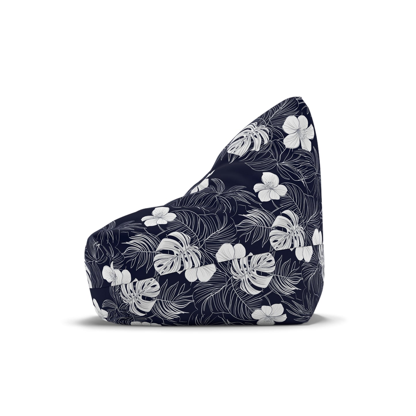 Navy Blue Tropical Bean Bag Chair Cover, Hibiscus Floral White Washable Triangle Small Large Adult Children Kids Sofa Dorm Unfilled Sack