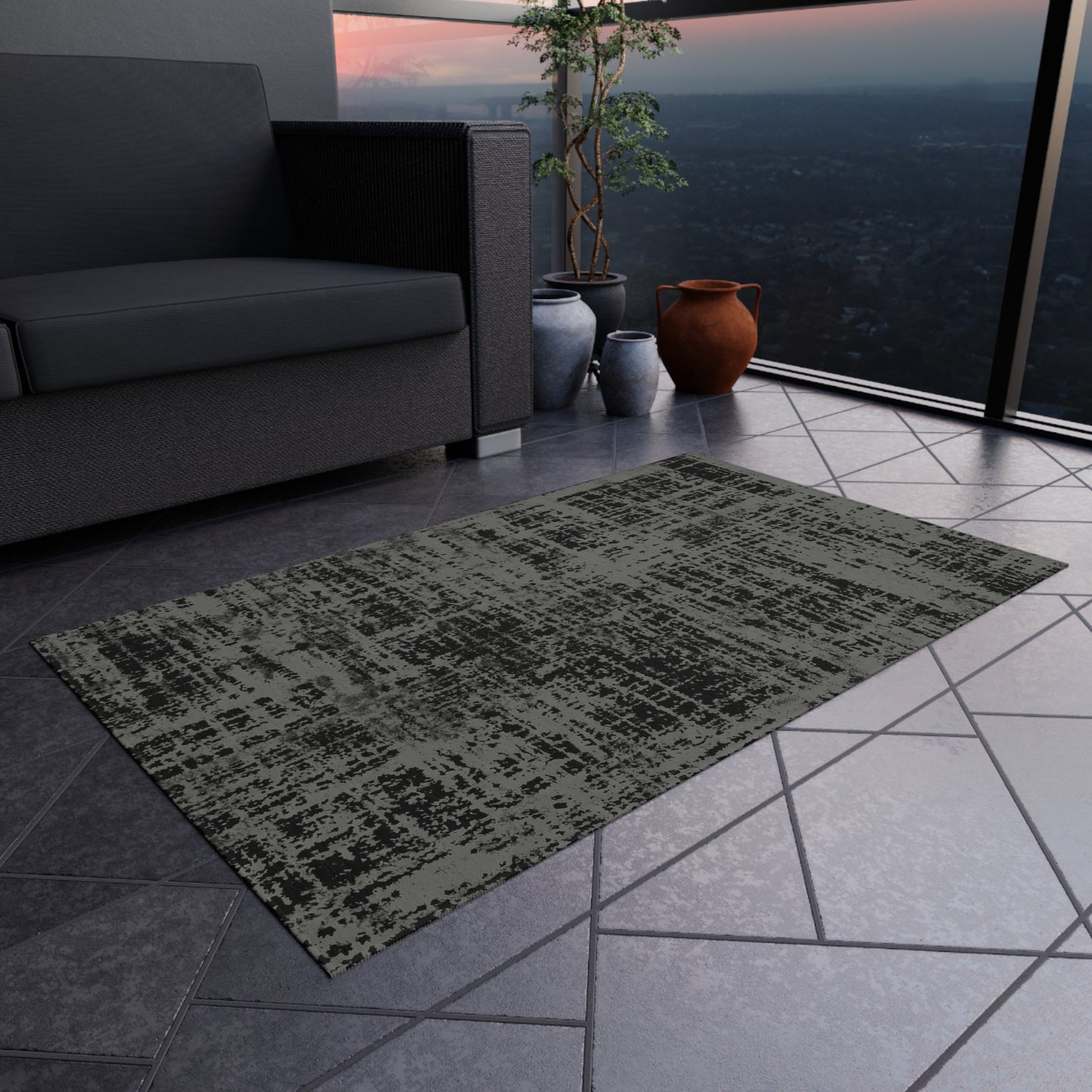 Black and Gray Outdoor Area Rug, Abstract Waterproof Patio Porch Exterior Carpet Home Floor Small Large 2x3 4x6 3x5 5x7 8x10 Camping Mat