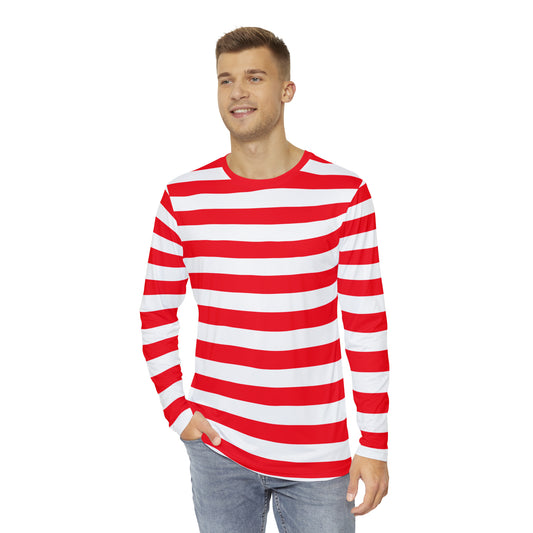 Red and White Striped Men Long Sleeve Tshirt, Unisex Women Designer Graphic Aesthetic Printed Crew Neck Shirt Tee Plus Size Starcove Fashion