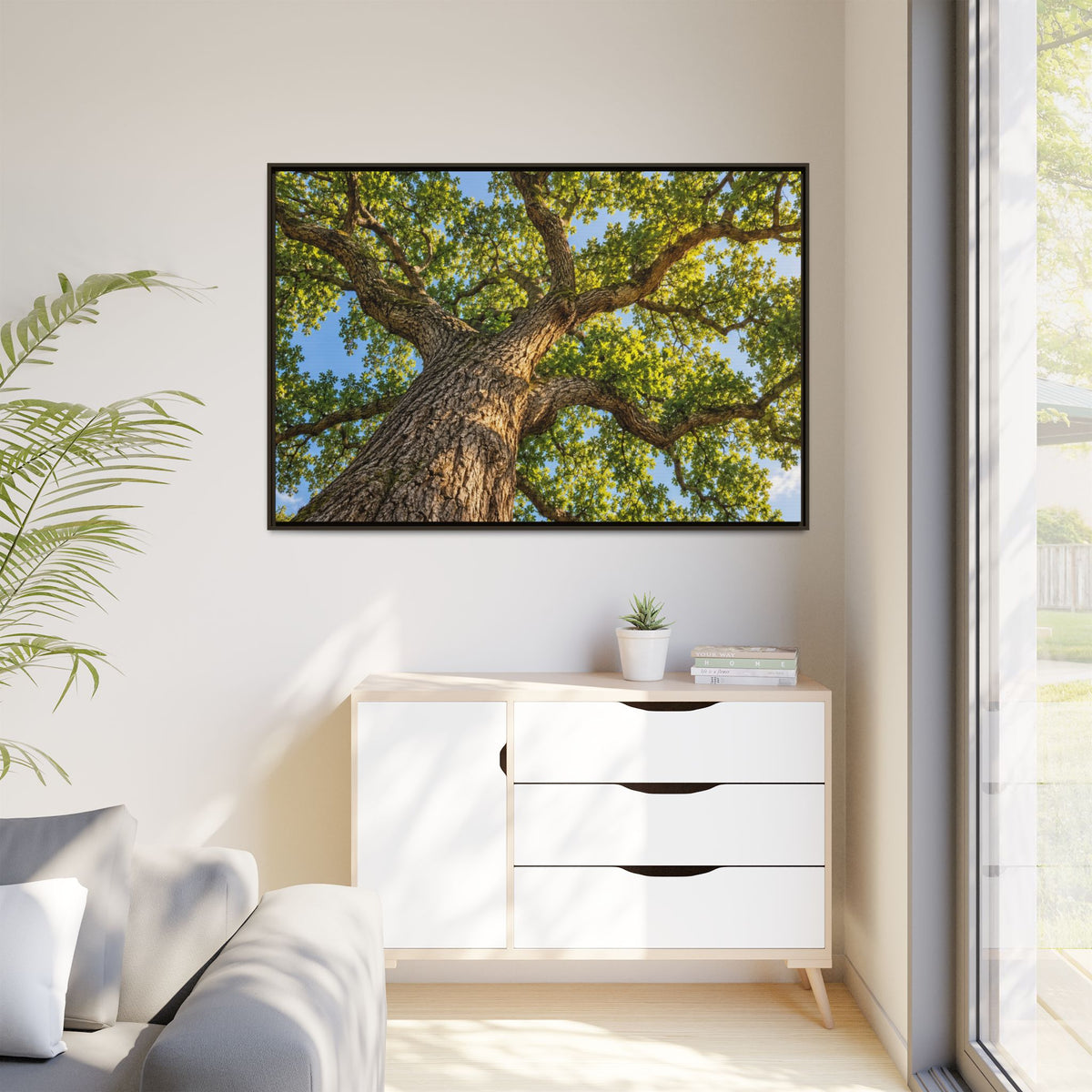 Oak Tree Canopy Canvas Wood Framed, Green Foliage Sunlit Woodland Wall Art Print Artwork Decor Small Large Hanging Matte Modern Landscape