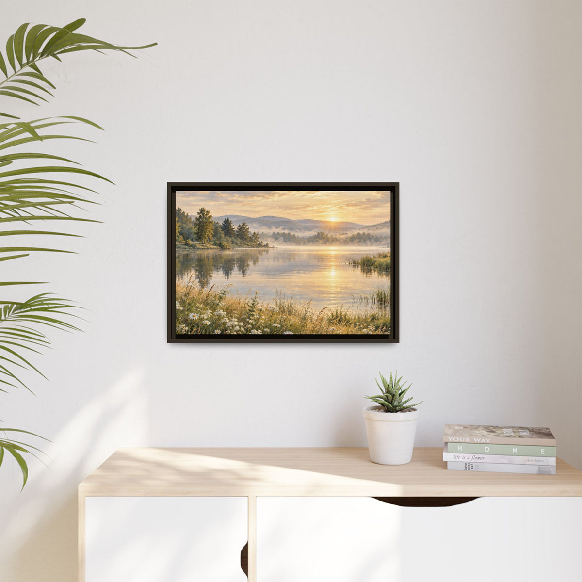 Misty Meadow Lake Wood Framed Canvas, Wildflower Farmhouse Wall Art Print Artwork Decor Small Large Hanging Matte Landscape Square Poster