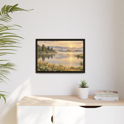 Misty Meadow Lake Wood Framed Canvas, Wildflower Farmhouse Wall Art Print Artwork Decor Small Large Hanging Matte Landscape Square Poster