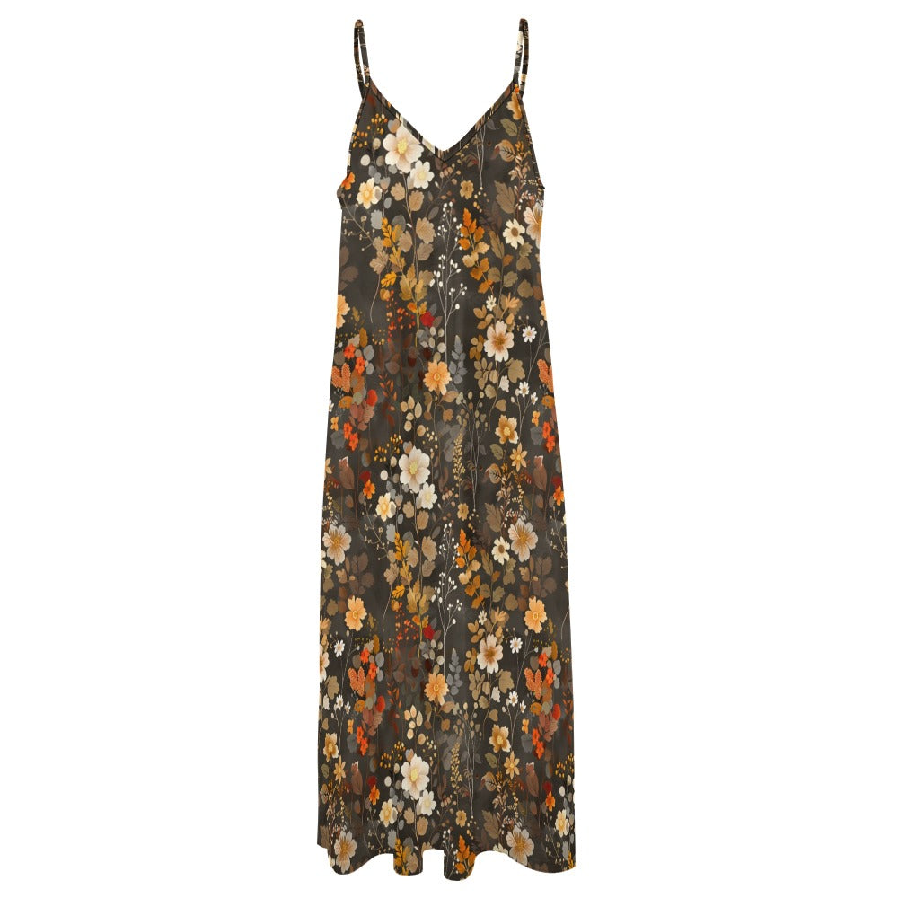 Floral Maxi Dress, Fall Brown Autumn Long Flowers Spaghetti Straps Women Sleeveless Casual Cute Designer Elegant Plus Size Cocktail Designer 5XL / Floral Maxi Dress, Fall Brown Autumn Long Flowers Spaghetti Straps Women Sleeveless Casual Cute Designer Elegant Plus Size Cocktail Designer 5XL /