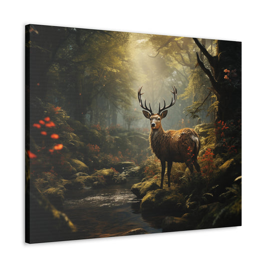 Deer Canvas Gallery Wrap, Forest River Floral Flowers Stag Animal Wall Art Print Decor Small Large Hanging Landscape Living Room