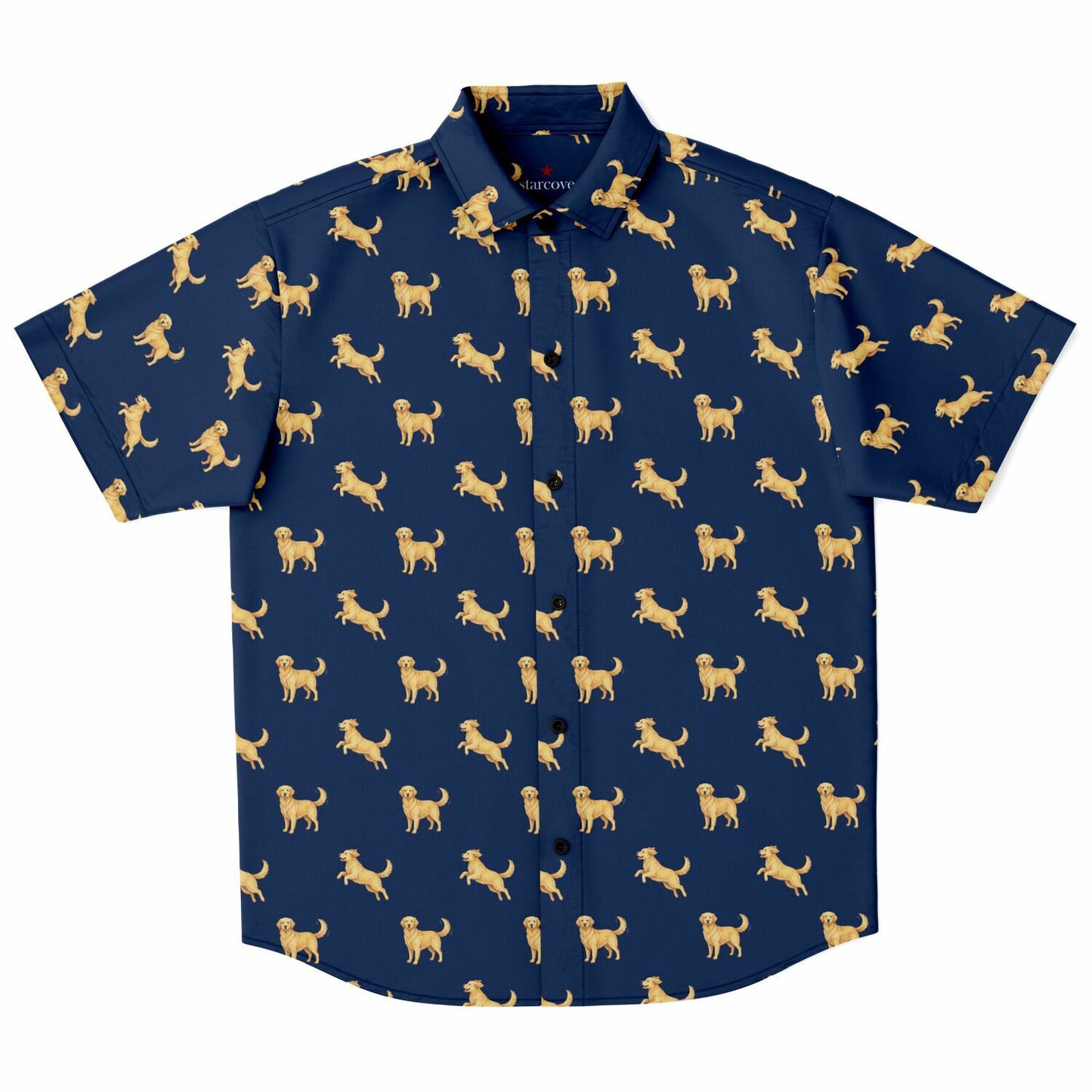 Golden Retriever Men Button Up Shirt, Dog Animal Navy Short Sleeve Print Casual Buttoned Down Summer Male Guys Collared Designer Dress