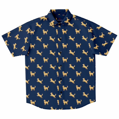 Golden Retriever Men Button Up Shirt, Dog Animal Navy Short Sleeve Print Casual Buttoned Down Summer Male Guys Collared Designer Dress