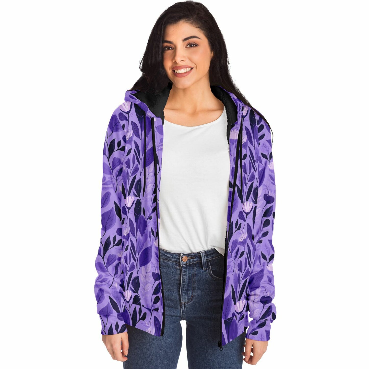 Purple Floral Zip Up Fleece Lined Hoodie, Flowers Heavyweight Full Zipper Pocket Men Women Unisex Aesthetic Graphic Hooded Sweatshirt Jacket