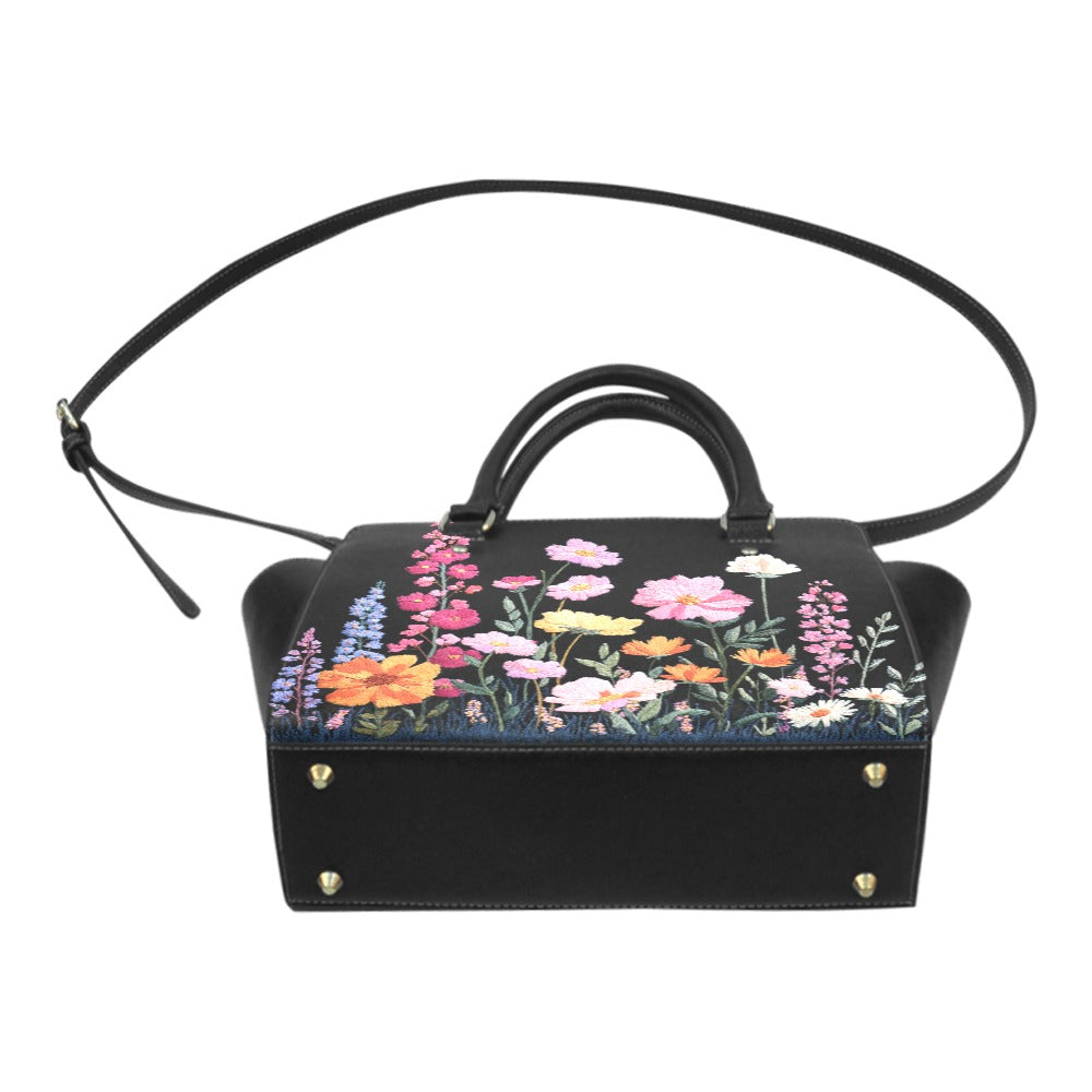 Floral Purse Handbag, Pink Purple Flowers Faux Embroidery Vegan Leather Designer Women Ladies Female Tote Top Zip Handle Bag Shoulder Strap