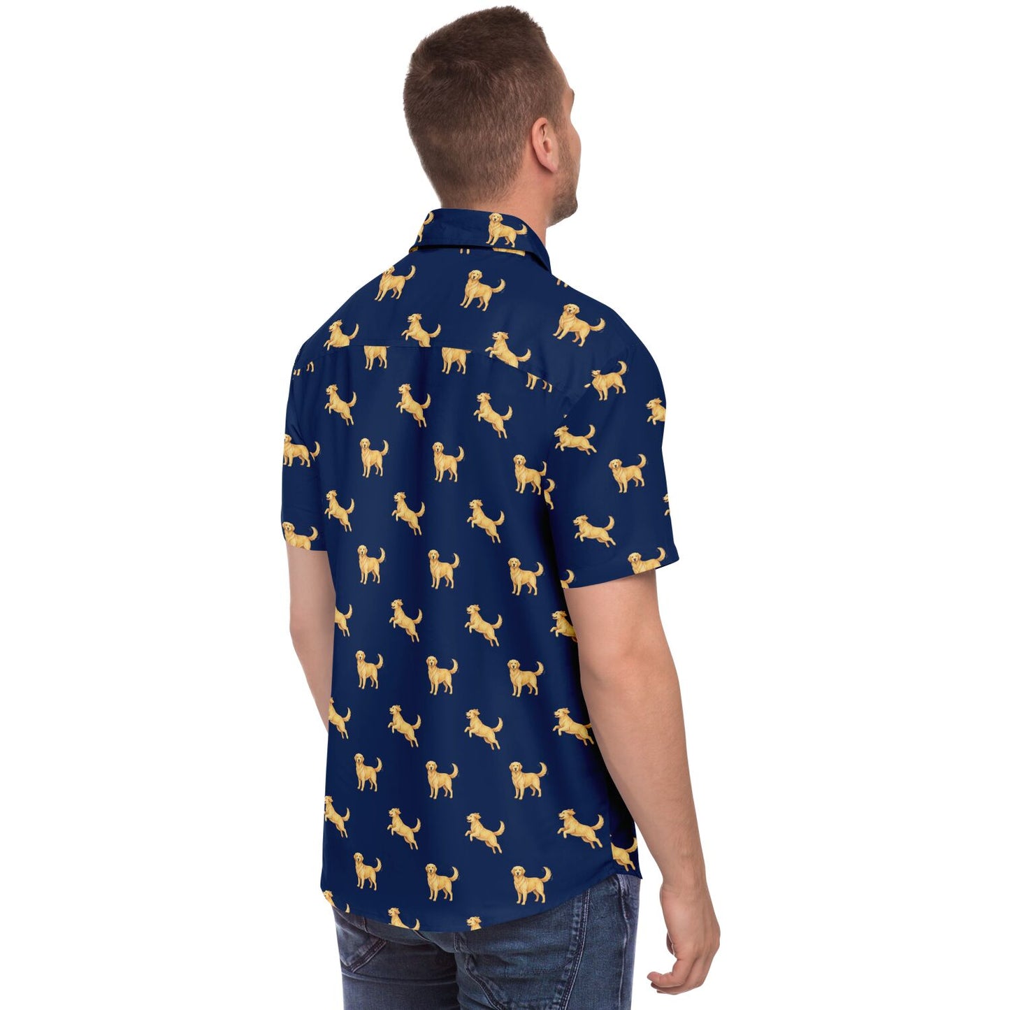 Golden Retriever Men Button Up Shirt, Dog Animal Navy Short Sleeve Print Casual Buttoned Down Summer Male Guys Collared Designer Dress