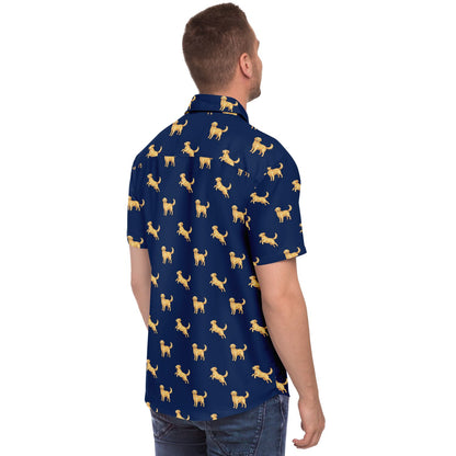 Golden Retriever Men Button Up Shirt, Dog Animal Navy Short Sleeve Print Casual Buttoned Down Summer Male Guys Collared Designer Dress