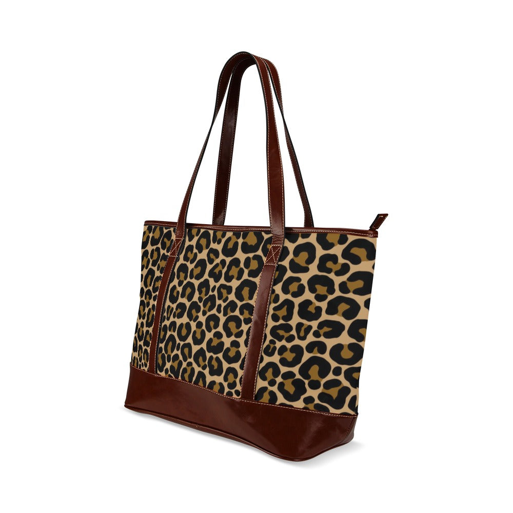 Leopard Canvas Tote Bag Zipper, Animal Print Waterproof Pockets Beach Pool Designer Fabric Shoulder Handbag Women Work Purse Travel Carry On - Starcove Fashion