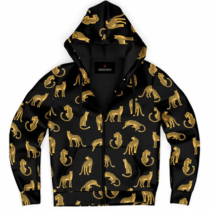 Leopard Zip Up Fleece Lined Hoodie, Animal Cheetah Print Heavyweight Full Zipper Pocket Men Women Unisex Graphic Hooded Sweatshirt Jacket