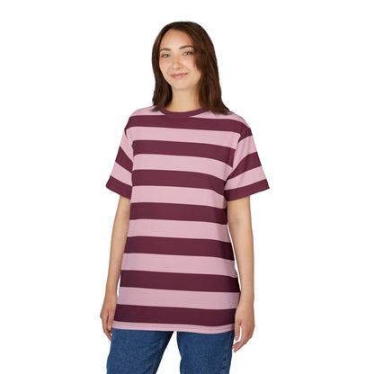 Burgundy Pink Striped Tshirt, Maroon Blush Horizontal Retro Designer Lightweight Heavyweight Crewneck Men Women Tee Top Short Sleeve Shirt